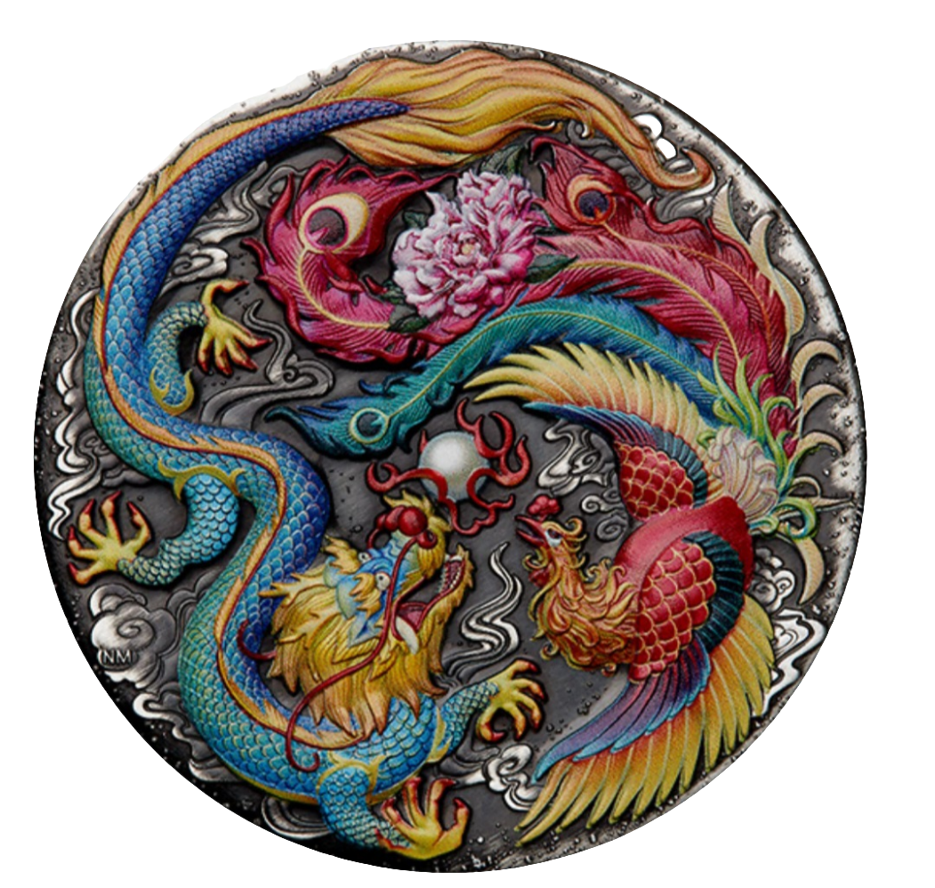 5.2024 Dragon and Phoenix 5oz Silver Antiqued Coloured Coin - Certificate less than 1