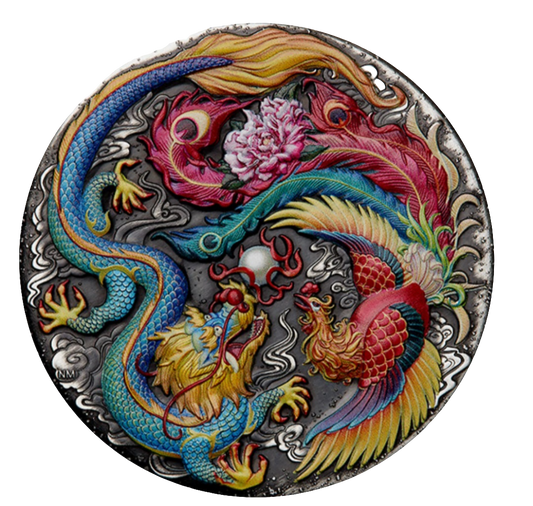 2024 Dragon and Phoenix 5oz Silver Antiqued Coloured Coin - Certificate less than 1