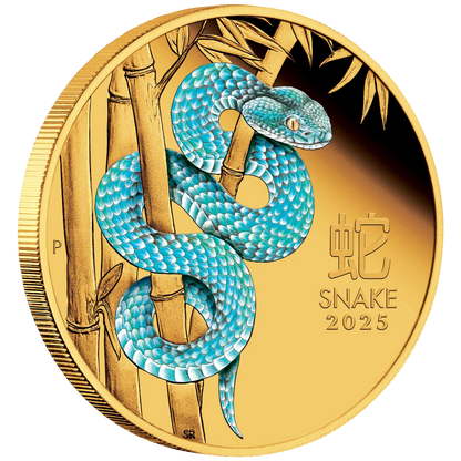2025 Perth Mint Lunar Snake 1oz Gold Proof Coloured Coin - 188 mintage only