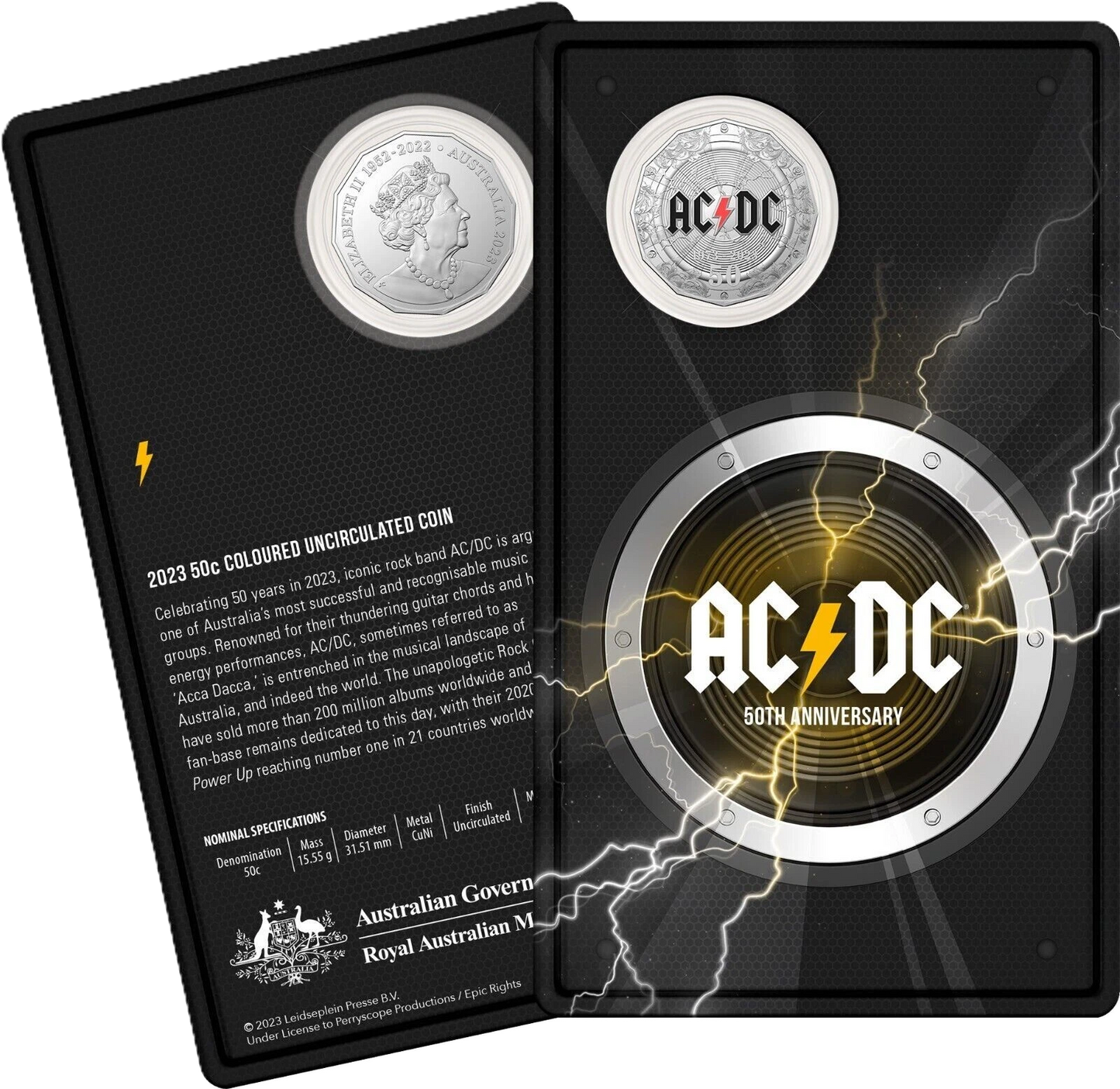 2023 RAM AC/DC 50th Anniversary 50c Coloured Uncirculated Coin