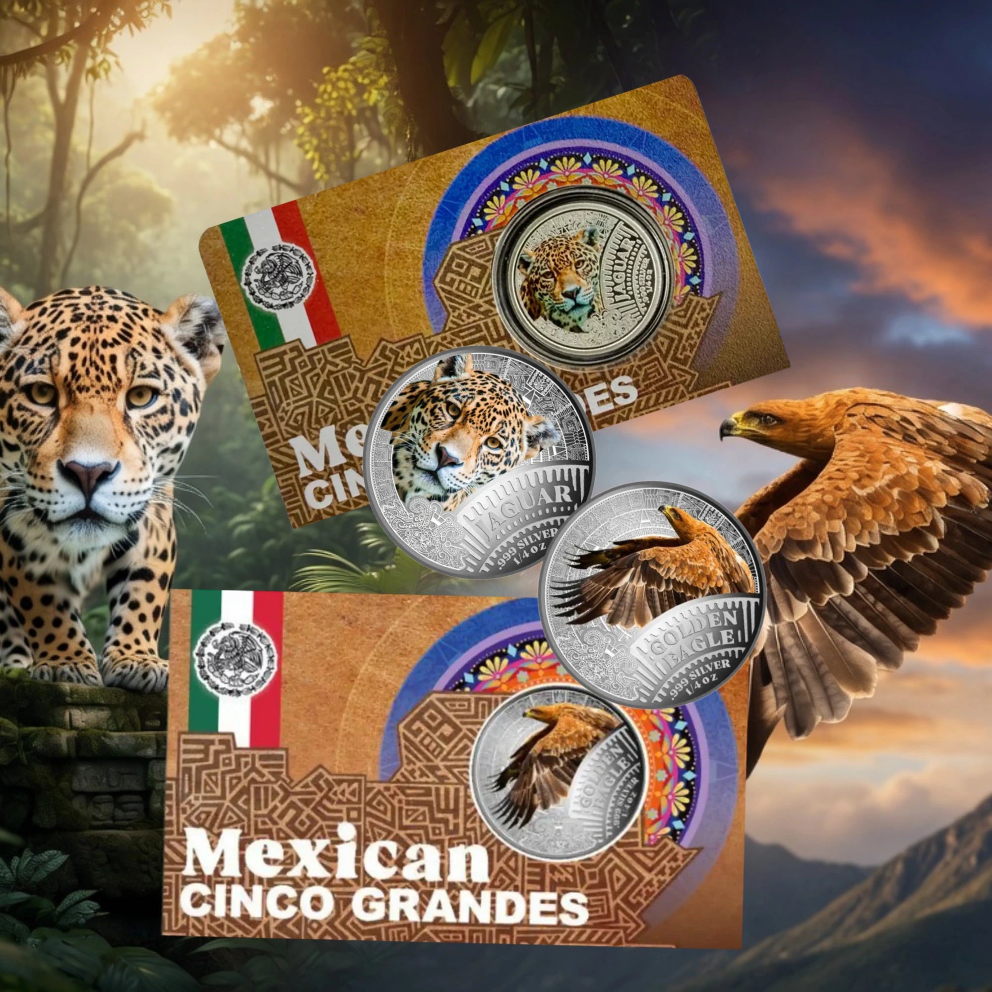 2026 Cameroon Mexican Cinco Grandes Jaguar & Golden Eagle 1/4oz Silver Two-Coin in Carded Collection