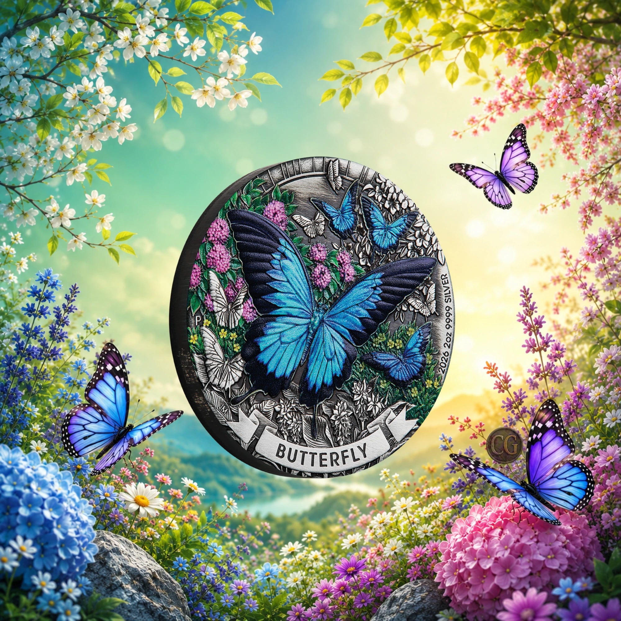 2026 Perth Mint Butterfly 2oz Silver Antiqued Coloured Coin