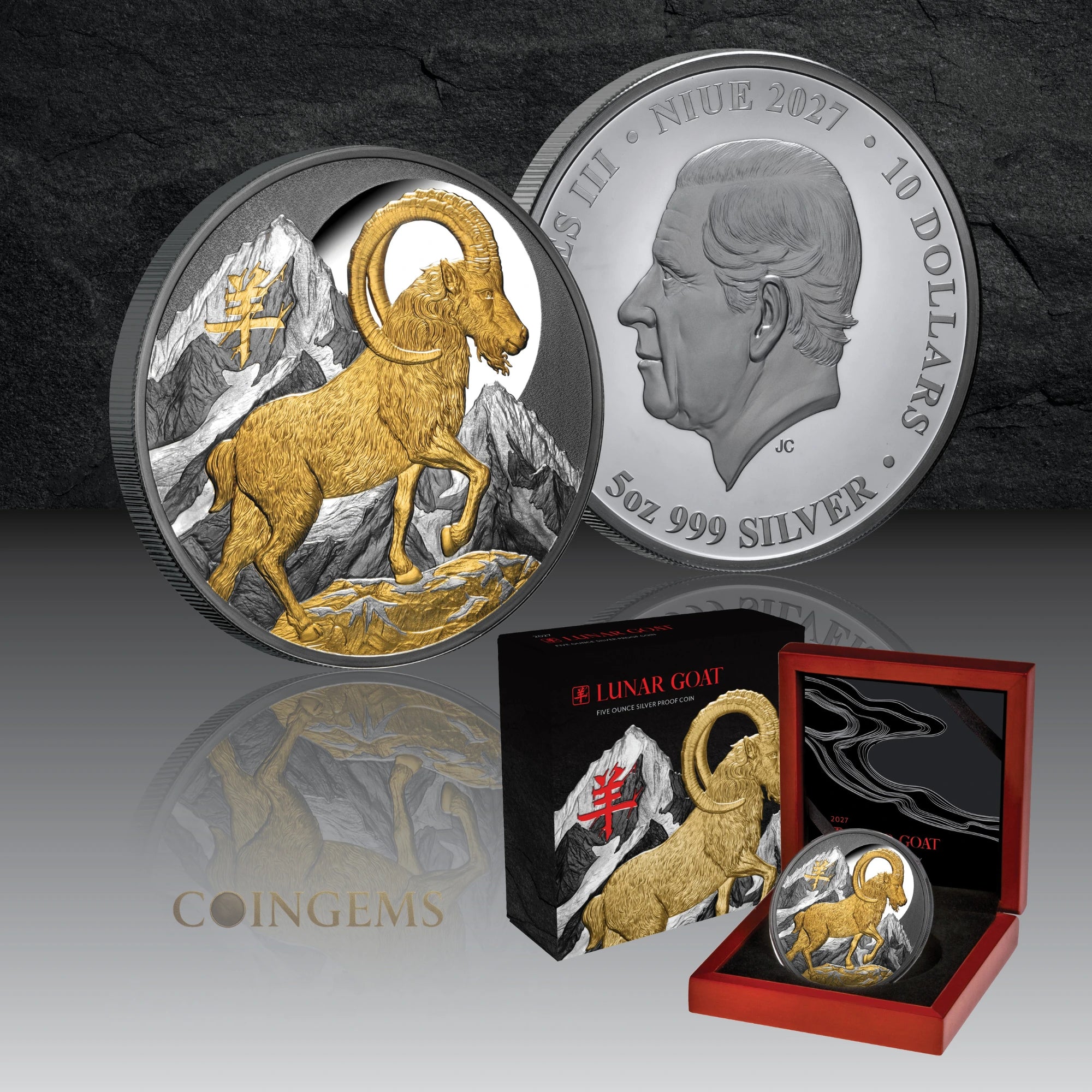 2027 Lunar Year of the Goat 5oz Gold Plated Silver Black Proof Coin