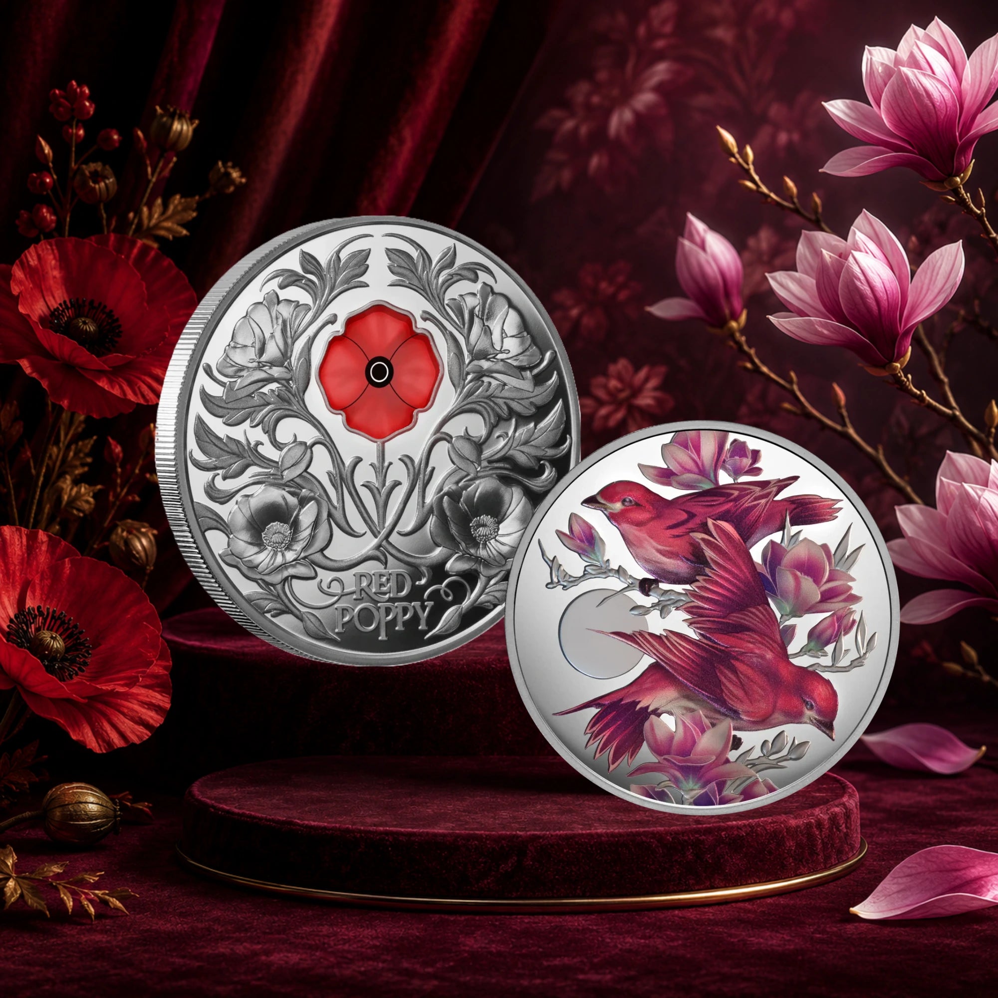 Niue Purple Finch 1oz & Red Poppy 2oz Silver Proof 2 Coin Collection