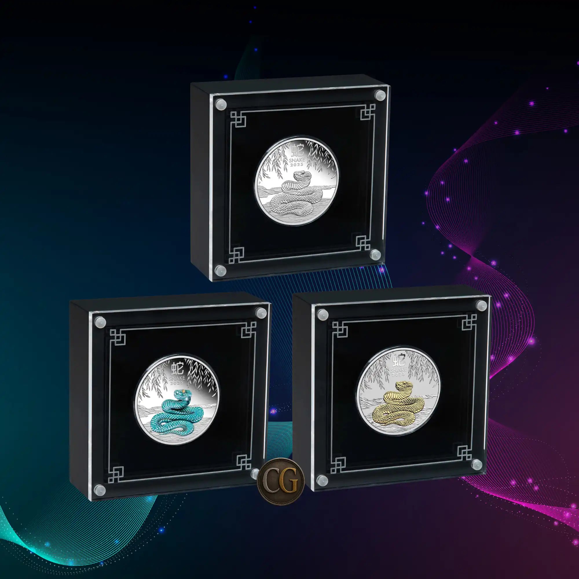 2025 Perth Mint Lunar Snake 1oz Silver Proof, Coloured & Gilded 3-Coin Collection