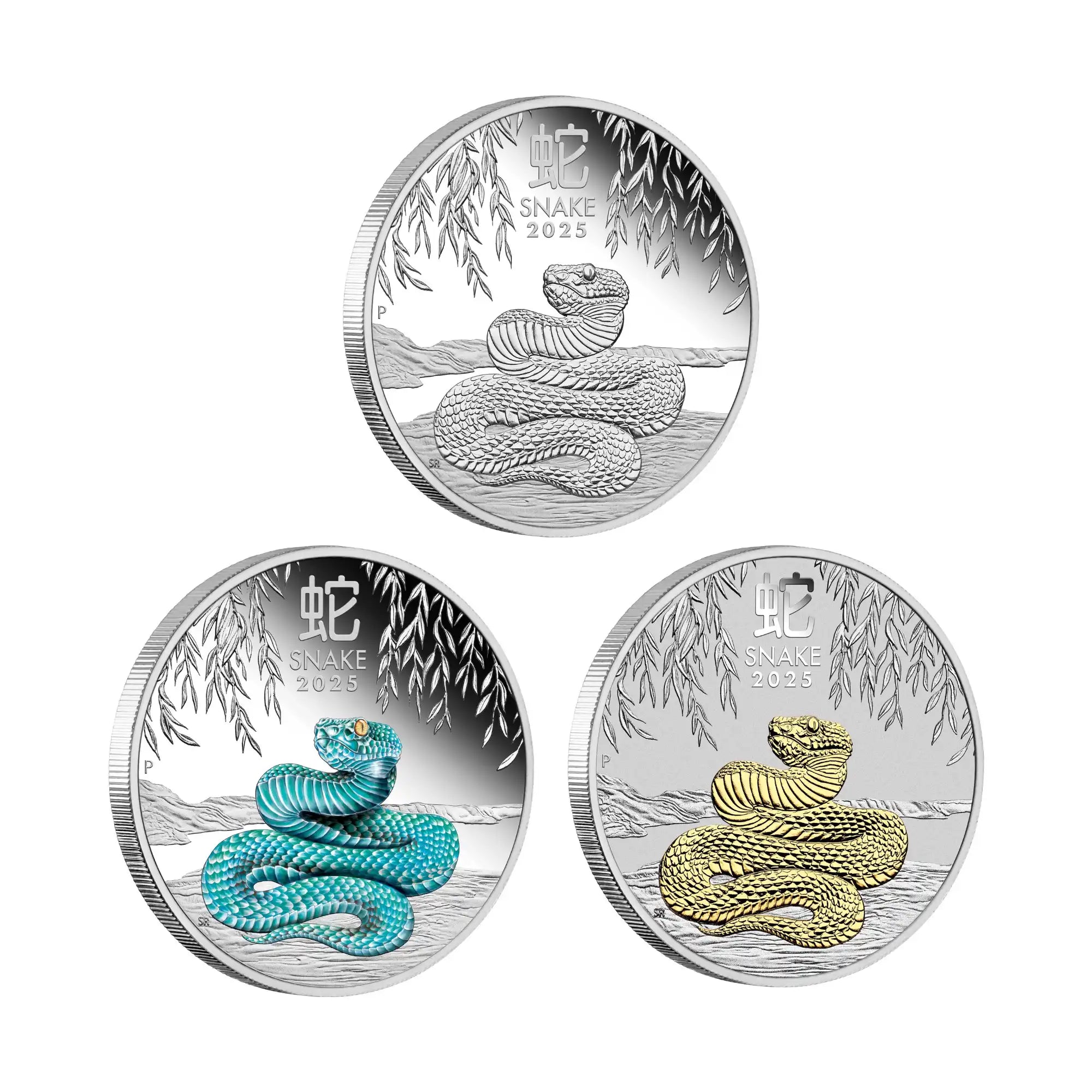 2025 Perth Mint Lunar Snake 1oz Silver Proof, Coloured & Gilded 3-Coin Collection