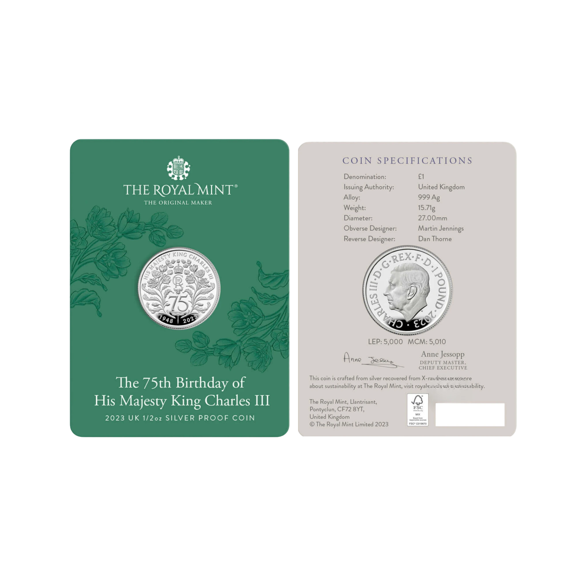 2023 Royal Mint King Charles III 75th Birthday 1/2oz Silver Proof Coin
