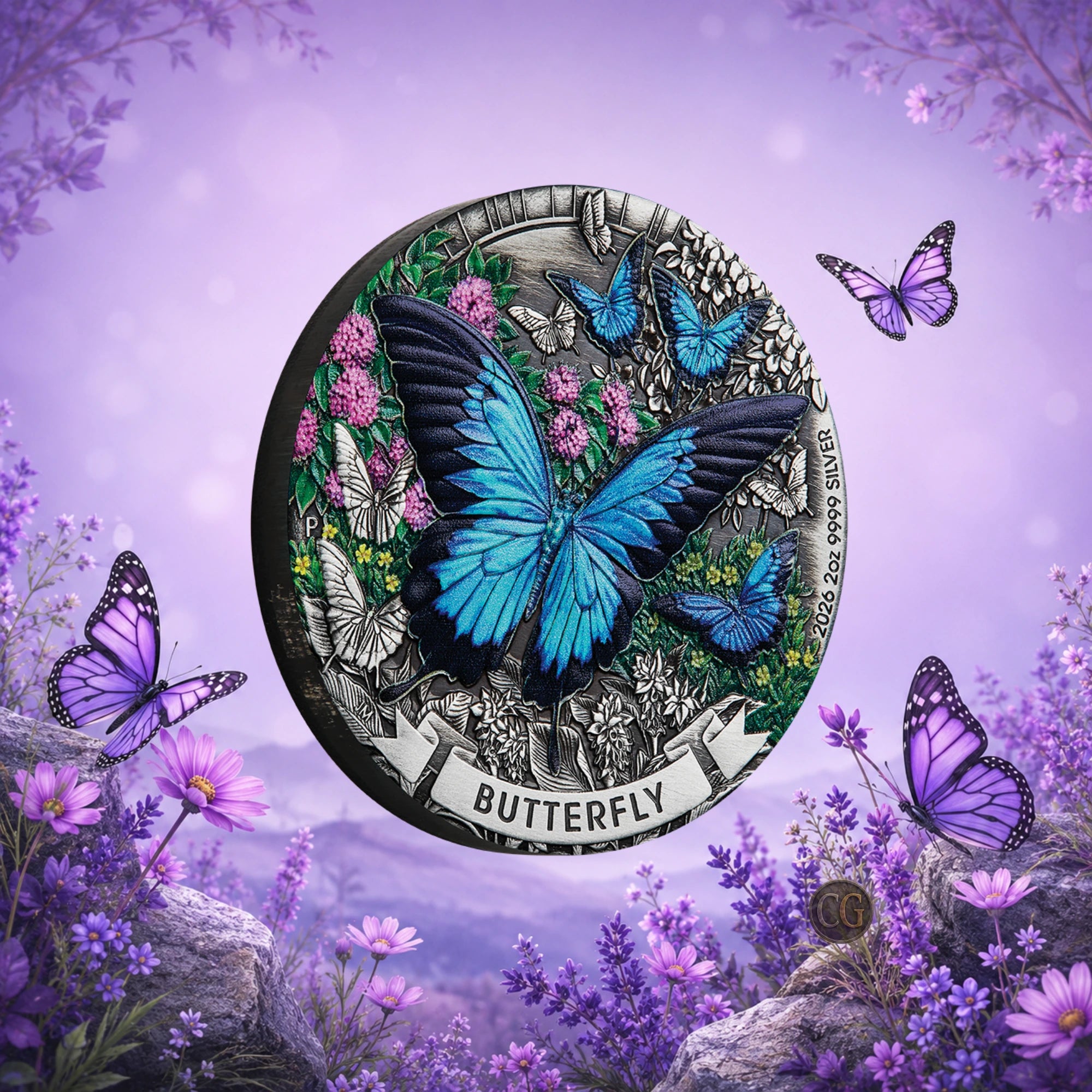 2026 Perth Mint Butterfly 2oz Silver Antiqued Coloured Coin