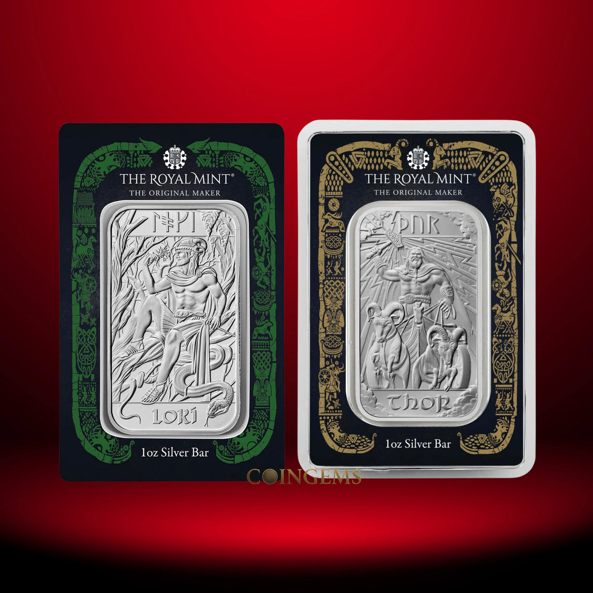Royal Mint Norse Gods Loki & Thor 1oz Silver Minted 2 Bar Collection