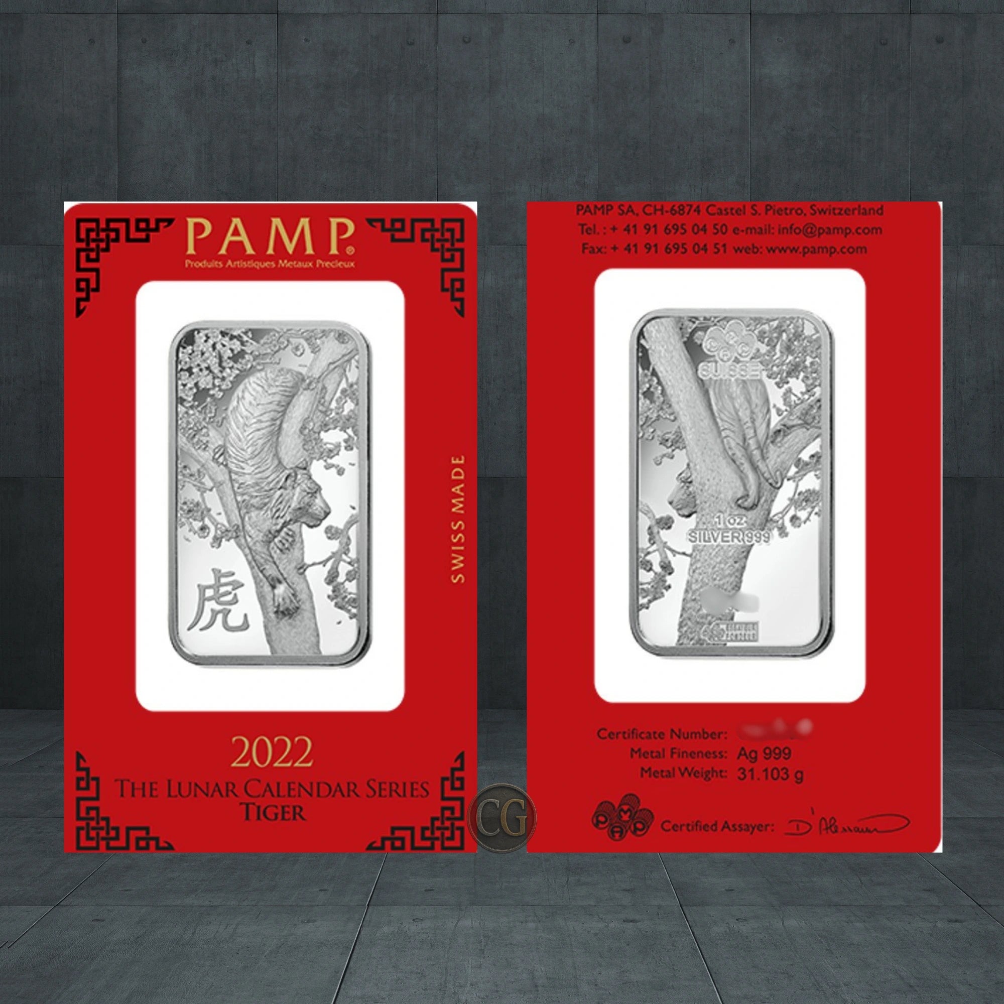 2022 PAMP Suisse Lunar Tiger 1oz Silver Minted Bar