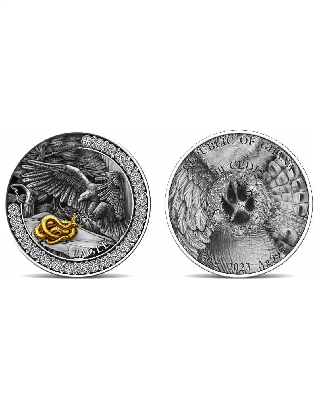 2023 Ghana Eagle Hunting in the Wild 2oz Silver Antiqued Coin