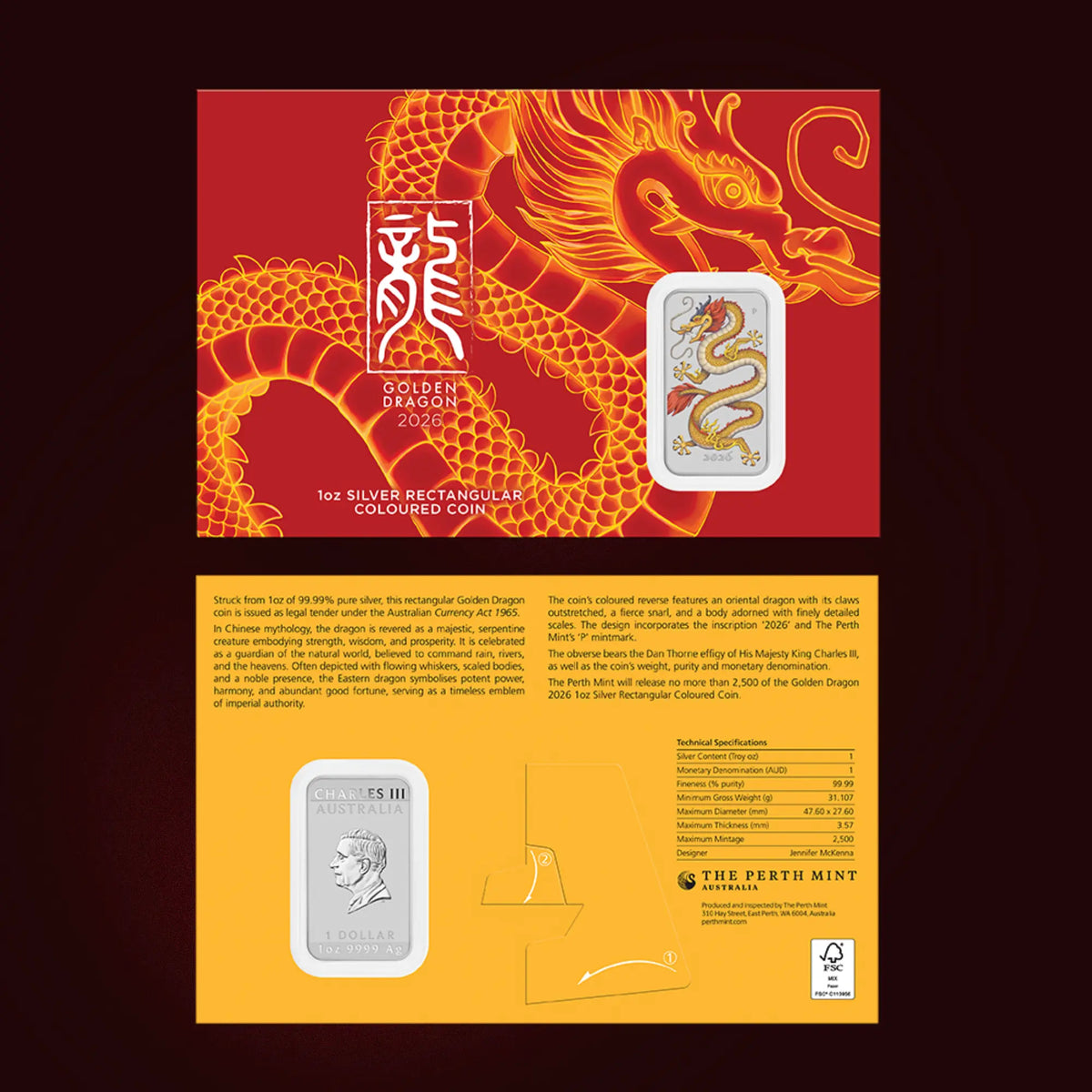 2026 Perth Mint Golden Dragon 1oz Silver Coloured Rectangular bar on card