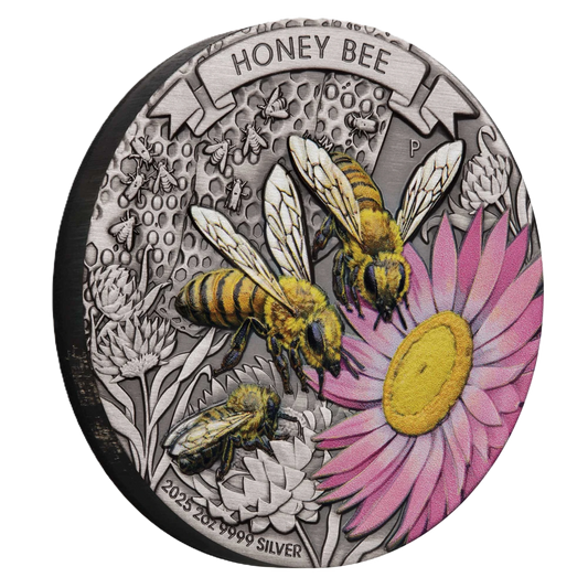 2025 Perth Mint Honey Bee 2oz Silver Antiqued Coloured Coin