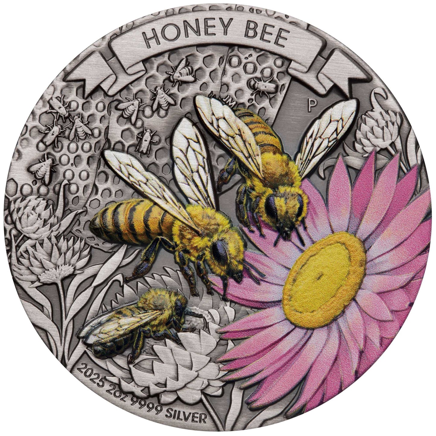 2025 Perth Mint Honey Bee 2oz Silver Antiqued Coloured Coin