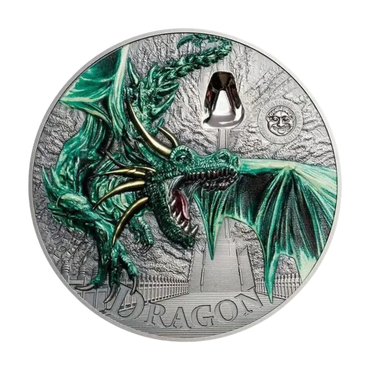 2019 Palau Mythical Creatures Green Dragon 2oz Silver Antiqued Coin