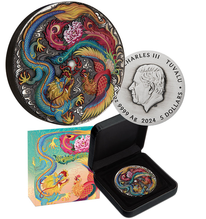 5.2024 Dragon and Phoenix 5oz Silver Antiqued Coloured Coin - Certificate less than 1
