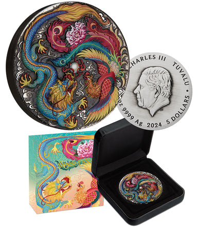 5.2024 Dragon and Phoenix 5oz Silver Antiqued Coloured Coin - Certificate less than 1