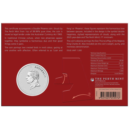 2025 Perth Mint Chinese Myths and Legends – Double Phoenix 1oz Silver Vivid Coloured Coin (In Card)