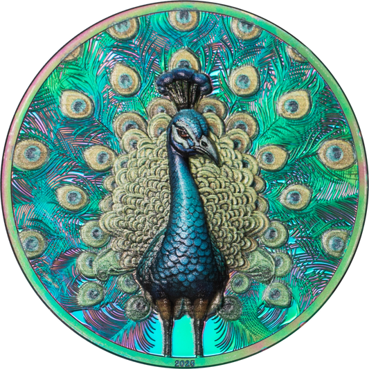 🦚 2025 Cook Islands Spectrum Peacock $5 1oz Prisma Plated Silver Proof Coin