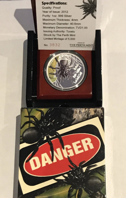 2012 Tuvalu Deadly & Dangerous Funnel Web Spider 1oz Silver Proof Coin