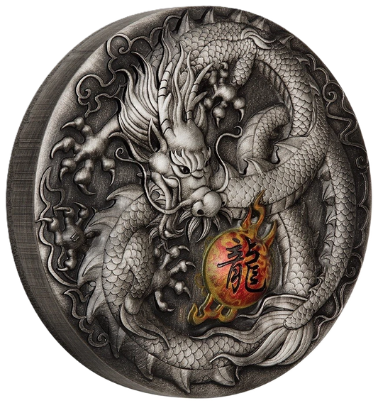 2019 Perth Mint Dragon 5oz  Silver Antiqued HR Coloured Coin