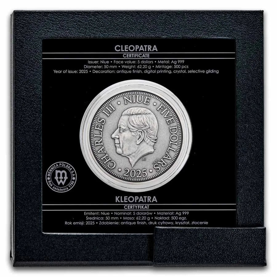 2025 Niue Cleopatra 2oz Silver Antiqued Gold-Plated Coloured Coin