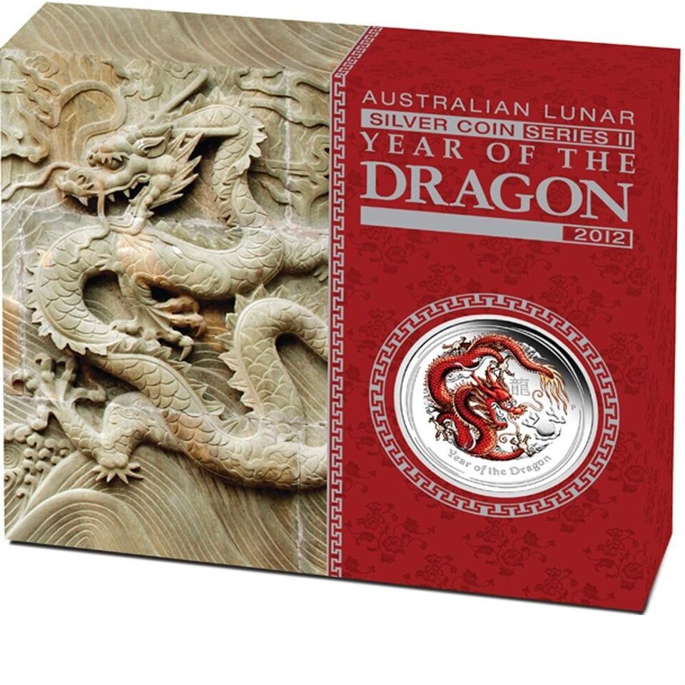 2012 PerthMint Lunar Series II Dragon 1oz Silver Red Coloured coin