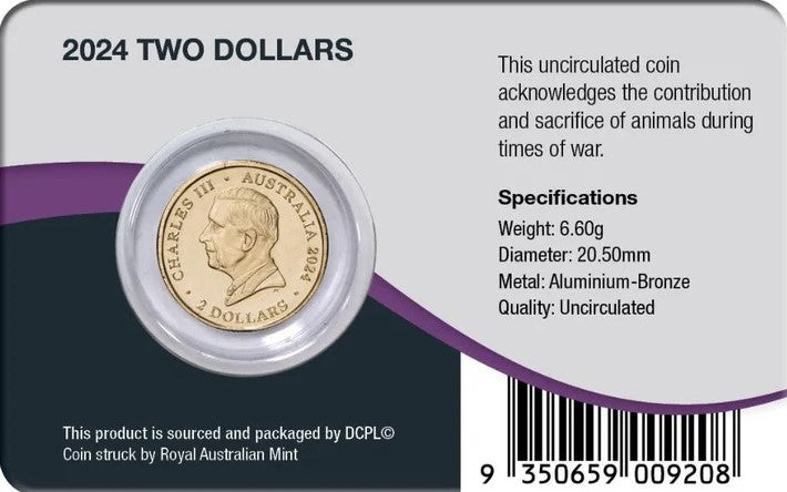 2024 Australia Remembrance Day War Animals$2 Al-Br Colour Uncirculated Coin Pack