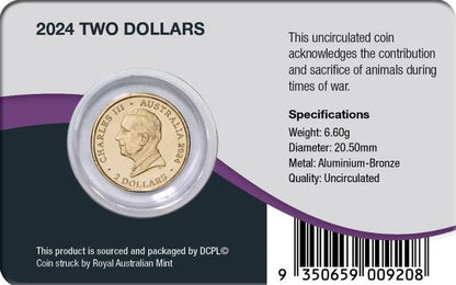 2024 Australia Remembrance Day War Animals$2 Al-Br Colour Uncirculated Coin Pack