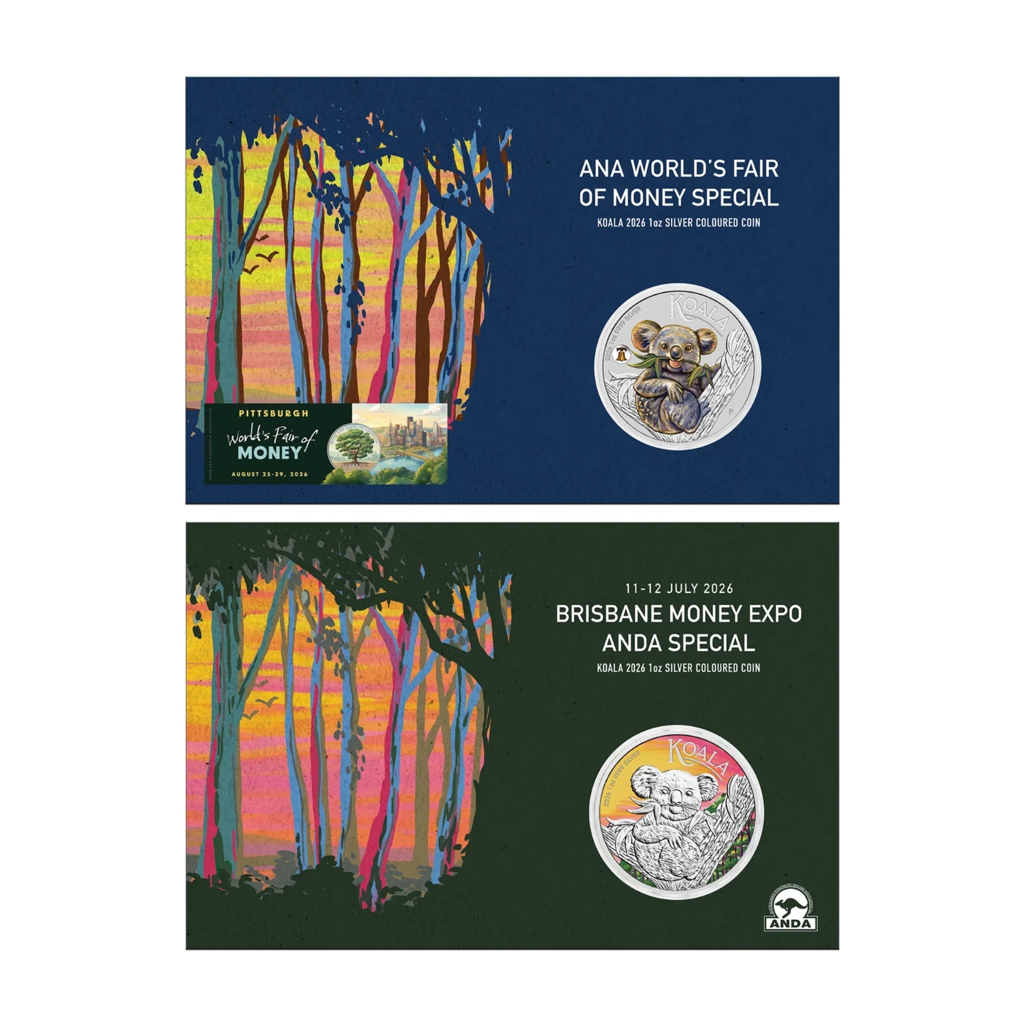 2026 Perth Mint Koala ANA & ANDA 1oz Silver 2 Coin Cards