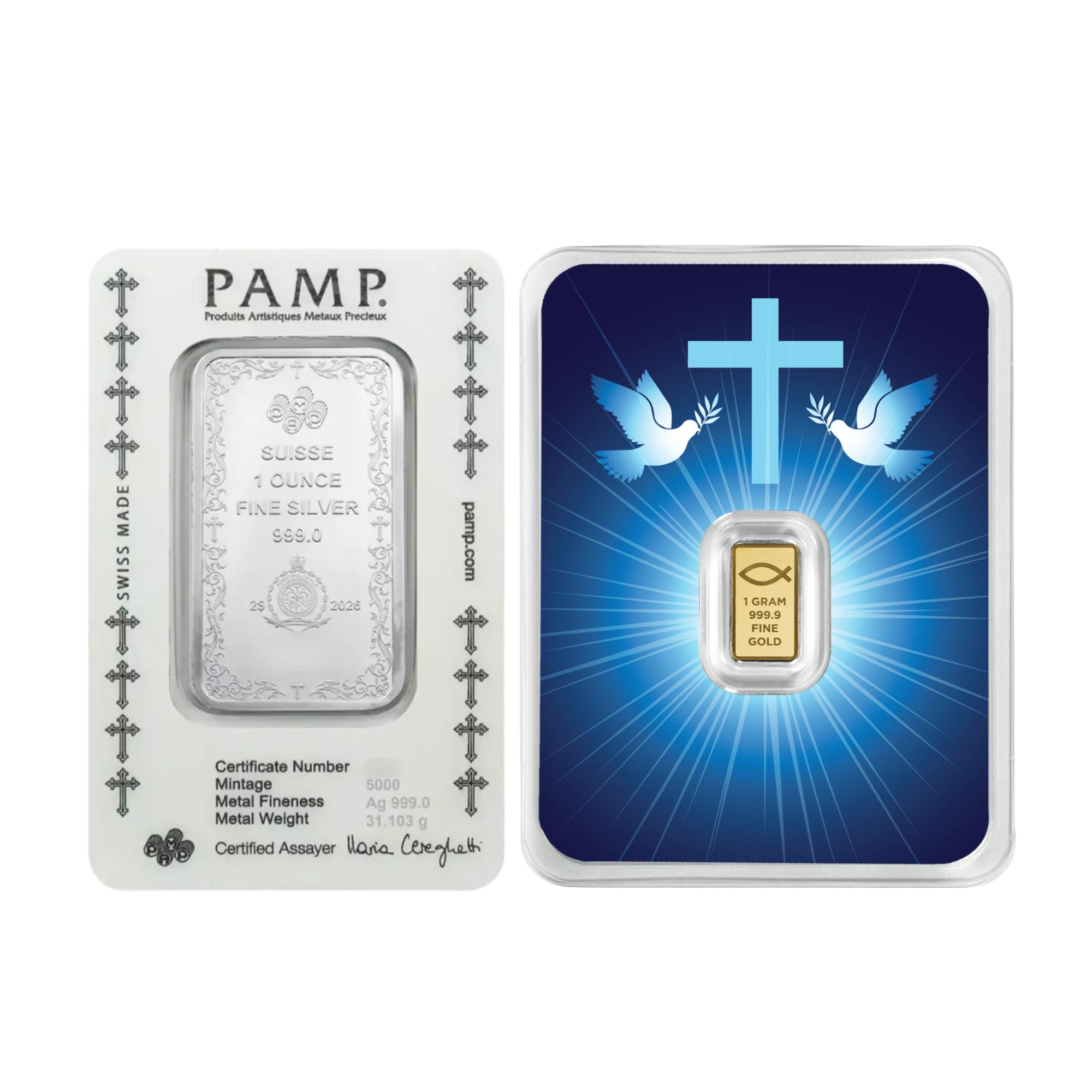 2026 PAMP Christian Cross 1oz Silver & 1g Gold 2 Bar Collection